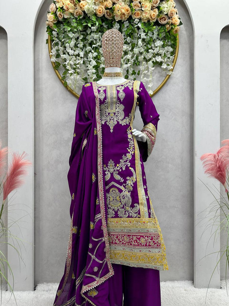 Purple Elegant Chinon Silk Plazo Set with Thread, Sequin & Coding Dori Work ClothsVilla