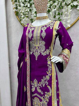 Purple Elegant Chinon Silk Plazo Set with Thread, Sequin & Coding Dori Work ClothsVilla