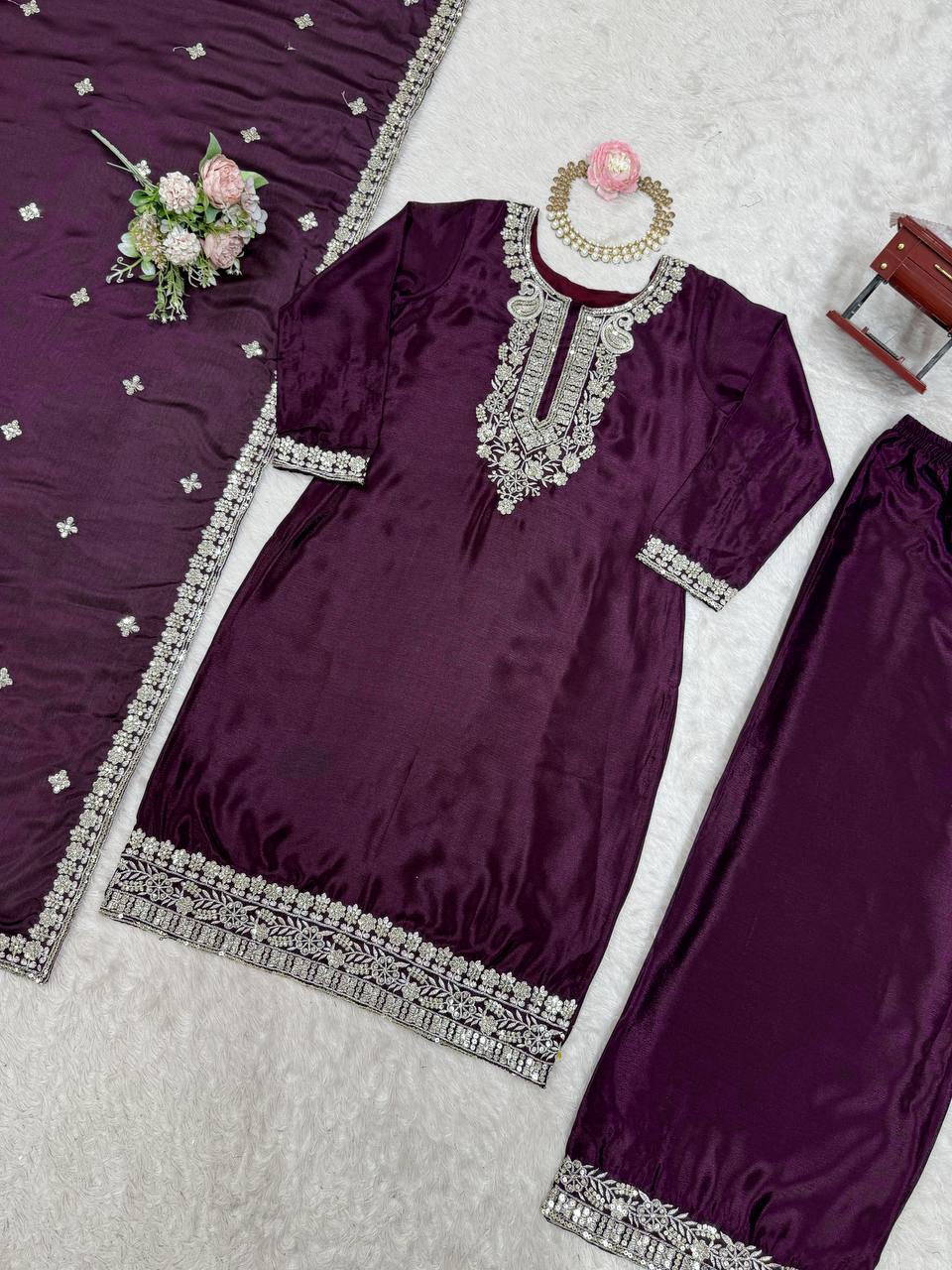Purple Elegant Chinon Silk Sequin Embroidered Suit Set with Dupatta ClothsVilla