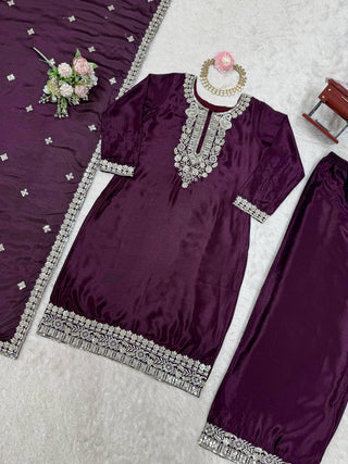 Purple Elegant Chinon Silk Sequin Embroidered Suit Set with Dupatta ClothsVilla
