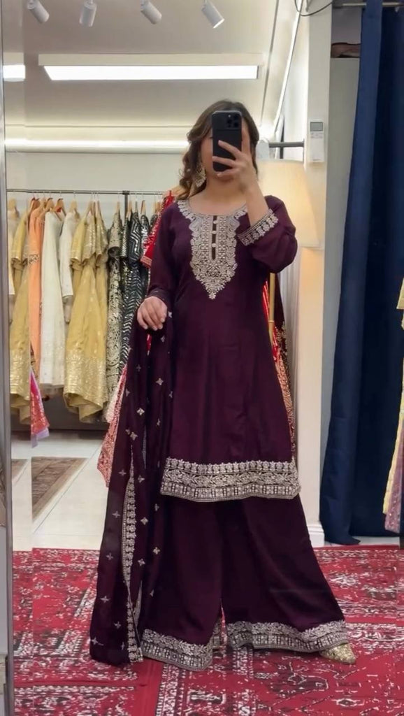 Purple Elegant Chinon Silk Sequin Embroidered Suit Set with Dupatta ClothsVilla