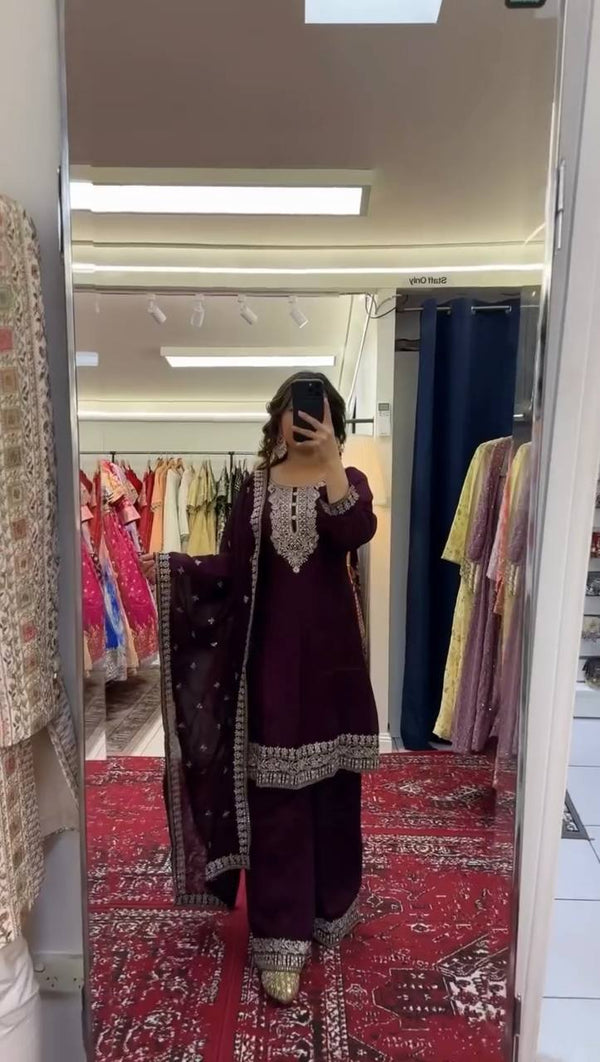 Purple Elegant Chinon Silk Sequin Embroidered Suit Set with Dupatta ClothsVilla