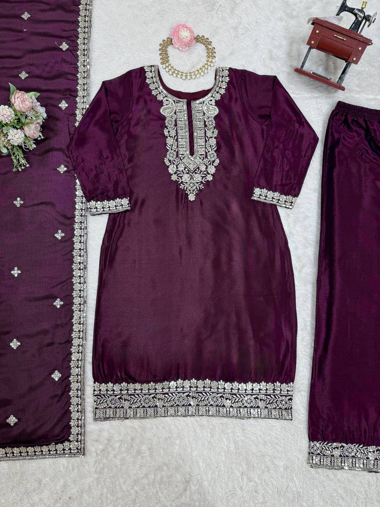 Purple Elegant Chinon Silk Sequin Embroidered Suit Set with Dupatta ClothsVilla