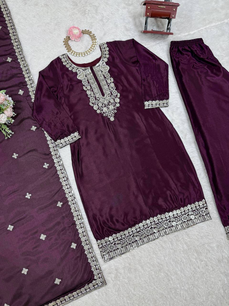 Purple Elegant Chinon Silk Sequin Embroidered Suit Set with Dupatta ClothsVilla