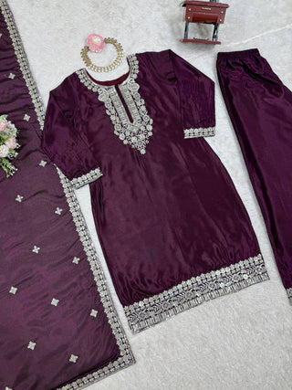 Purple Elegant Chinon Silk Sequin Embroidered Suit Set with Dupatta ClothsVilla