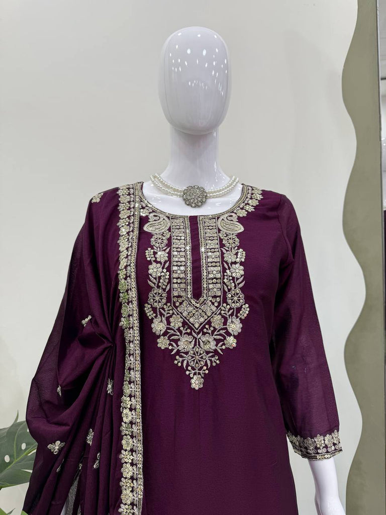 Purple Elegant Chinon Silk Sequin Embroidered Suit Set with Dupatta ClothsVilla
