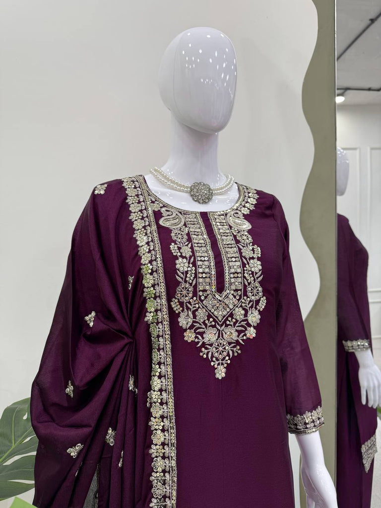 Purple Elegant Chinon Silk Sequin Embroidered Suit Set with Dupatta ClothsVilla