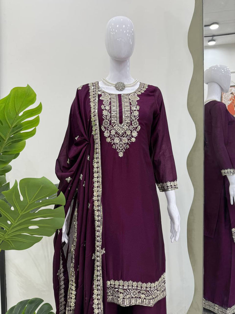 Purple Elegant Chinon Silk Sequin Embroidered Suit Set with Dupatta ClothsVilla