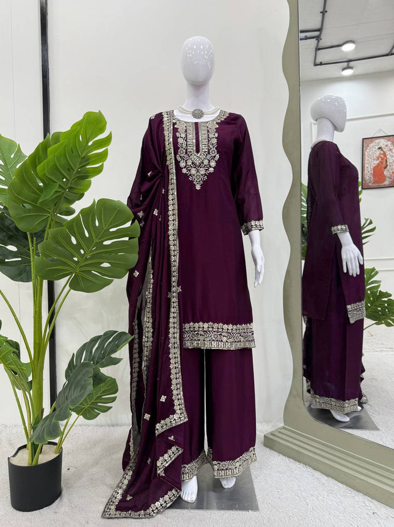 Purple Elegant Chinon Silk Sequin Embroidered Suit Set with Dupatta ClothsVilla
