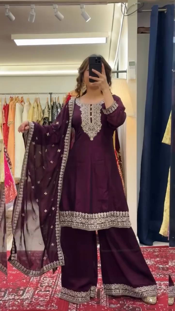Purple Elegant Chinon Silk Sequin Embroidered Suit Set with Dupatta ClothsVilla Main image