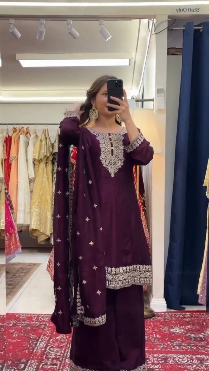 Purple Elegant Chinon Silk Sequin Embroidered Suit Set with Dupatta ClothsVilla