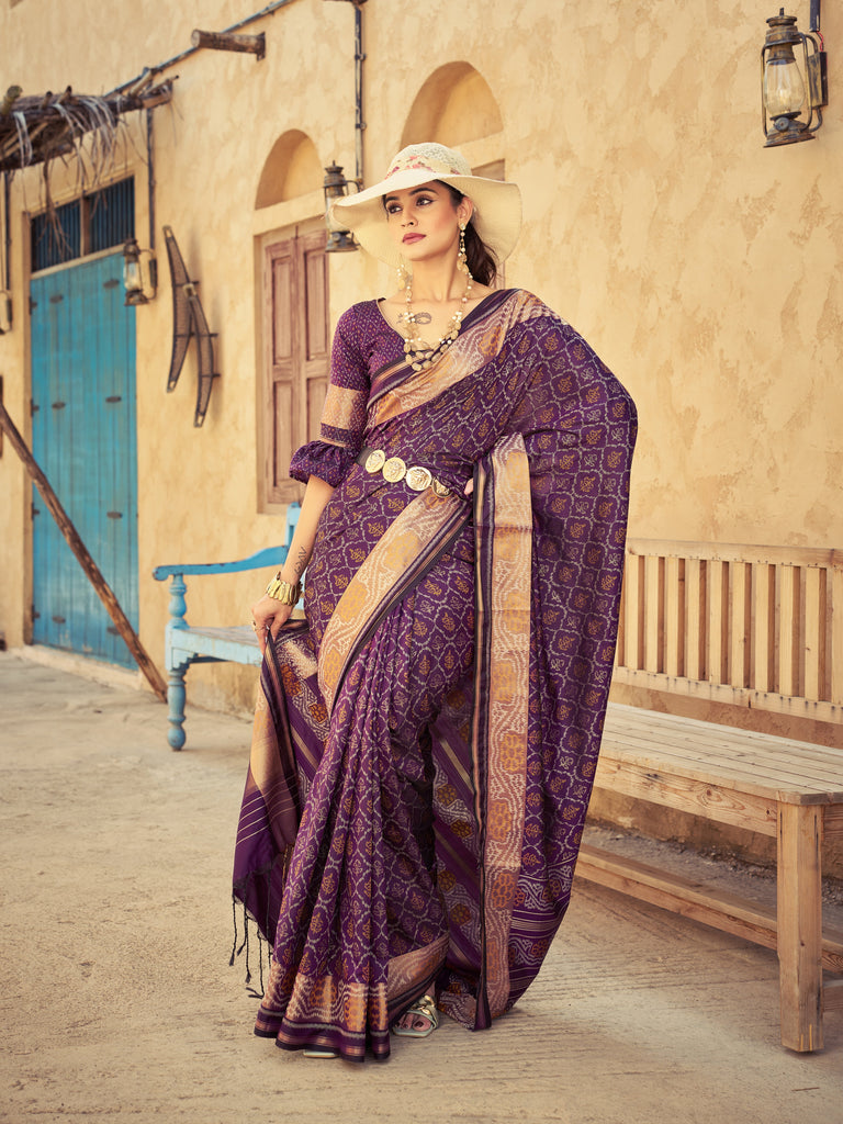 Purple Elegant Cotton Blend Saree Daily Wear ClothsVilla