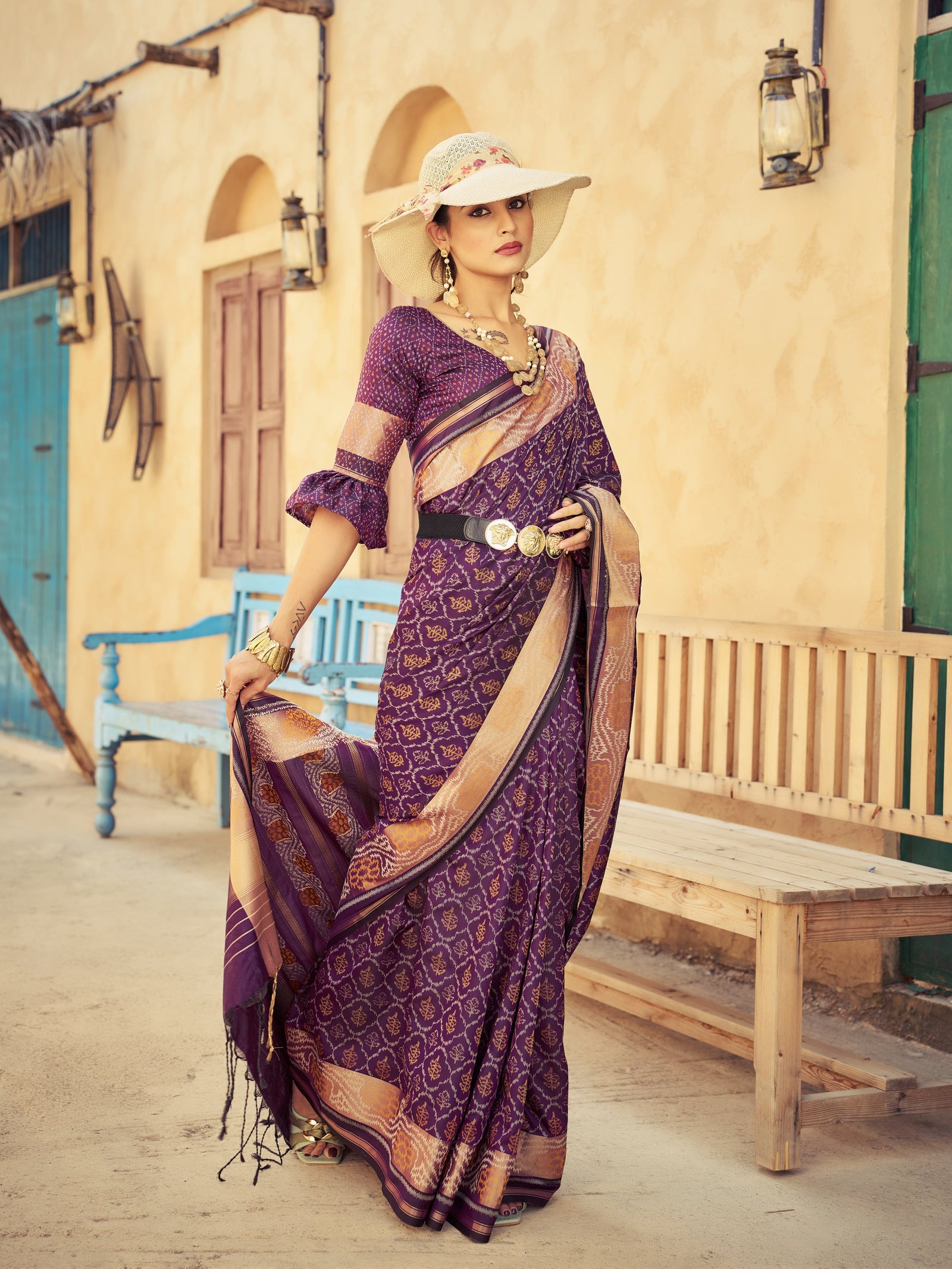Purple Elegant Cotton Blend Saree Daily Wear ClothsVilla