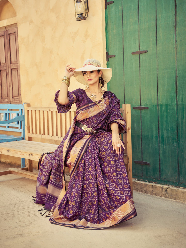 Purple Elegant Cotton Blend Saree Daily Wear ClothsVilla
