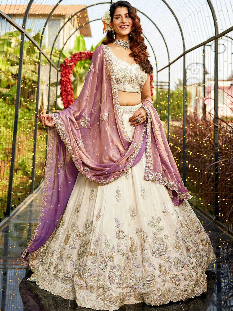 Purple Elegant Cream Viscose Semi-Stitched Lehenga Choli Set with Heavy Sequins & Thread Embroidery Work ClothsVilla