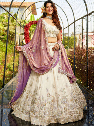 Purple Elegant Cream Viscose Semi-Stitched Lehenga Choli Set with Heavy Sequins & Thread Embroidery Work ClothsVilla