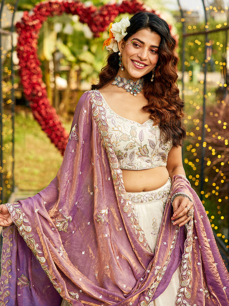 Purple Elegant Cream Viscose Semi-Stitched Lehenga Choli Set with Heavy Sequins & Thread Embroidery Work ClothsVilla