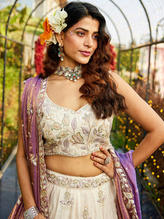 Purple Elegant Cream Viscose Semi-Stitched Lehenga Choli Set with Heavy Sequins & Thread Embroidery Work ClothsVilla
