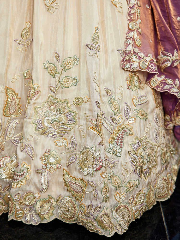 Purple Elegant Cream Viscose Semi-Stitched Lehenga Choli Set with Heavy Sequins & Thread Embroidery Work ClothsVilla