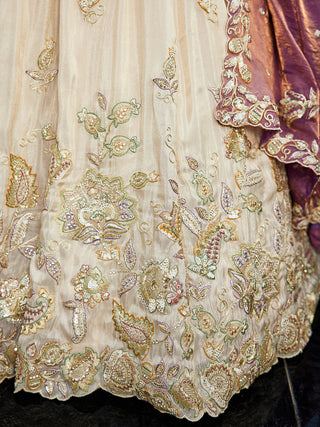 Purple Elegant Cream Viscose Semi-Stitched Lehenga Choli Set with Heavy Sequins & Thread Embroidery Work ClothsVilla
