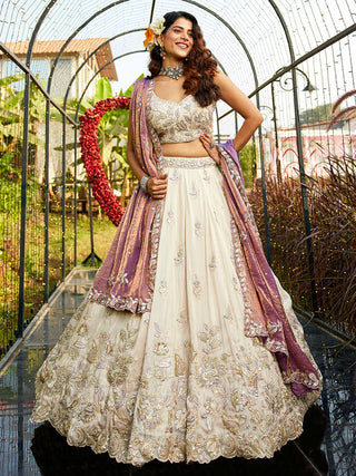 Purple Elegant Cream Viscose Semi-Stitched Lehenga Choli Set with Heavy Sequins & Thread Embroidery Work ClothsVilla