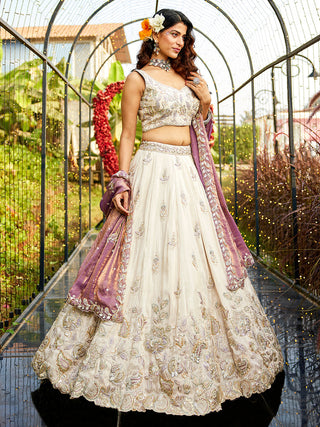 Purple Elegant Cream Viscose Semi-Stitched Lehenga Choli Set with Heavy Sequins & Thread Embroidery Work ClothsVilla