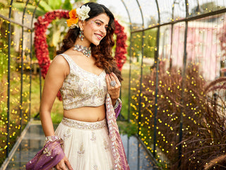 Purple Elegant Cream Viscose Semi-Stitched Lehenga Choli Set with Heavy Sequins & Thread Embroidery Work ClothsVilla