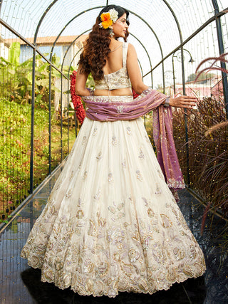Purple Elegant Cream Viscose Semi-Stitched Lehenga Choli Set with Heavy Sequins & Thread Embroidery Work ClothsVilla