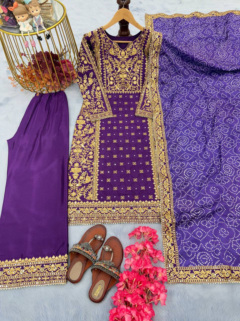 Purple Elegant Designer  Chinon Silk Top, Palazzo & Printed Dupatta Set ClothsVilla