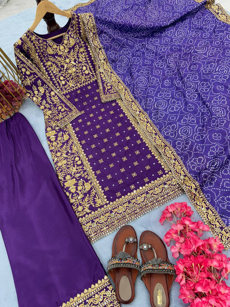 Purple Elegant Designer  Chinon Silk Top, Palazzo & Printed Dupatta Set ClothsVilla