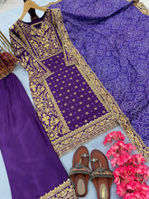 Load image into Gallery viewer, Purple Elegant Designer  Chinon Silk Top, Palazzo &amp; Printed Dupatta Set ClothsVilla