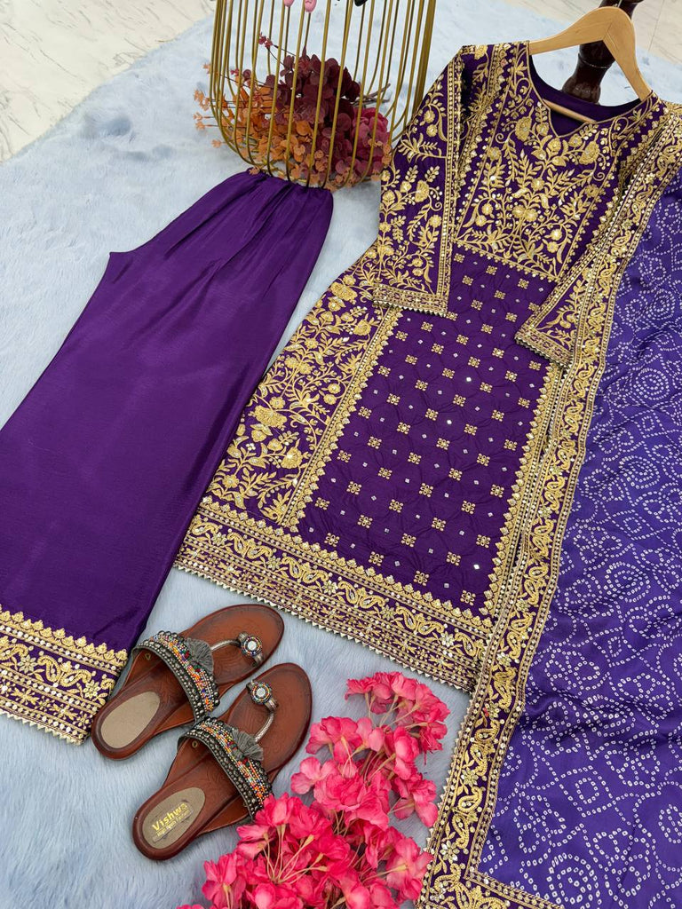 Purple Elegant Designer  Chinon Silk Top, Palazzo & Printed Dupatta Set ClothsVilla