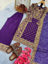 Load image into Gallery viewer, Purple Elegant Designer  Chinon Silk Top, Palazzo &amp; Printed Dupatta Set ClothsVilla