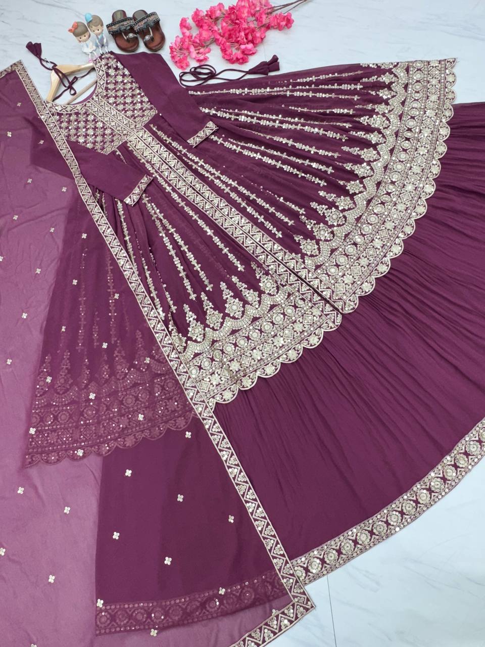 Purple Elegant Designer Party Wear Heavy Faux Georgette Lehenga, Top & Dupatta Set Clothsvilla
