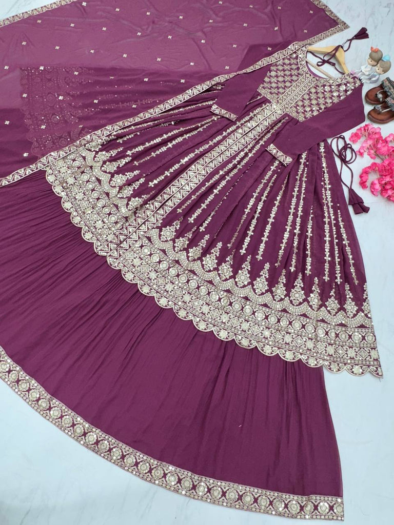 Purple Elegant Designer Party Wear Heavy Faux Georgette Lehenga, Top & Dupatta Set Clothsvilla