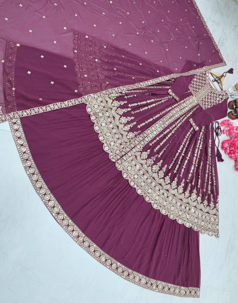 Purple Elegant Designer Party Wear Heavy Faux Georgette Lehenga, Top & Dupatta Set Clothsvilla