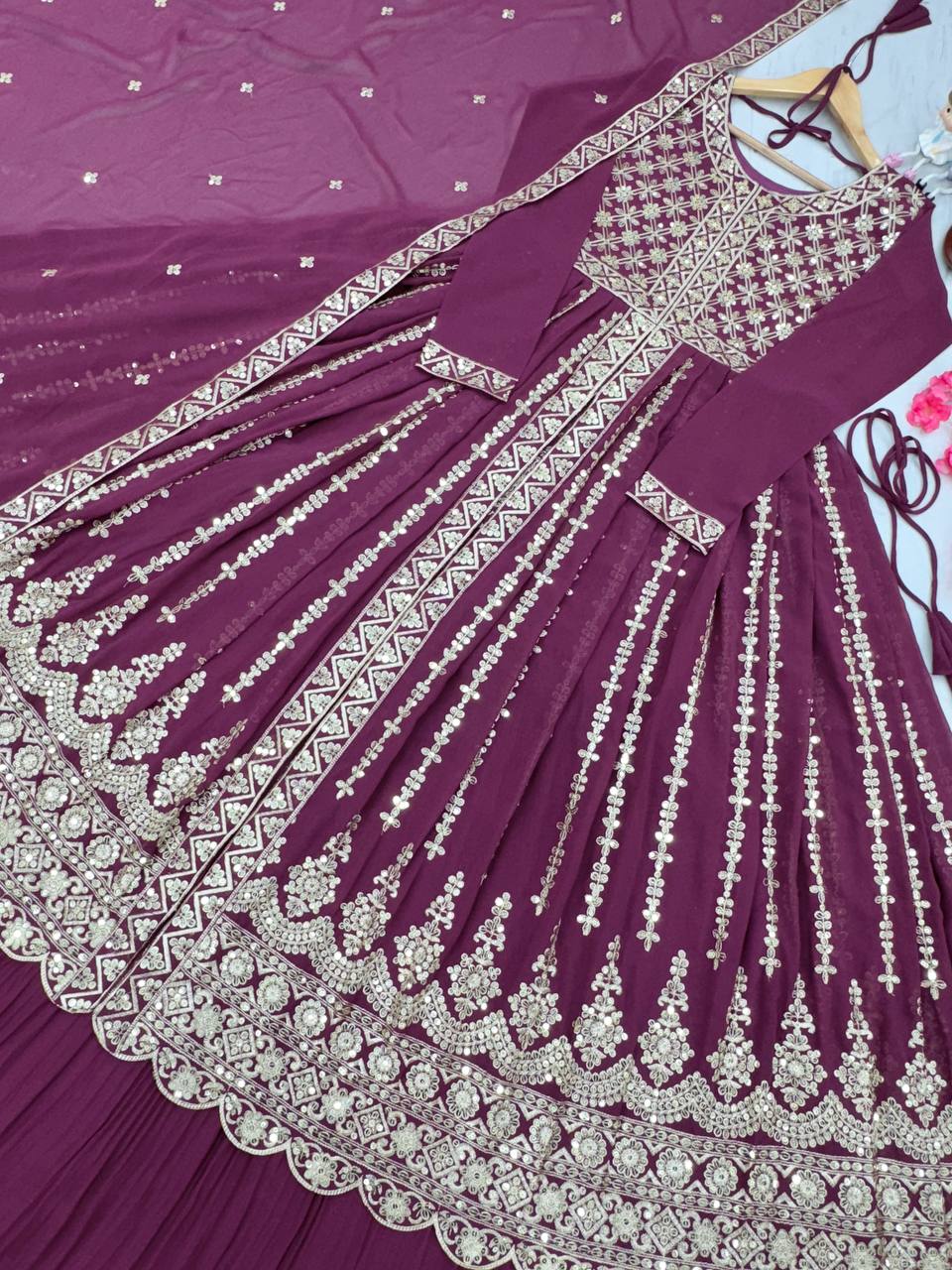 Purple Elegant Designer Party Wear Heavy Faux Georgette Lehenga, Top & Dupatta Set Clothsvilla