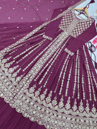 Purple Elegant Designer Party Wear Heavy Faux Georgette Lehenga, Top & Dupatta Set Clothsvilla