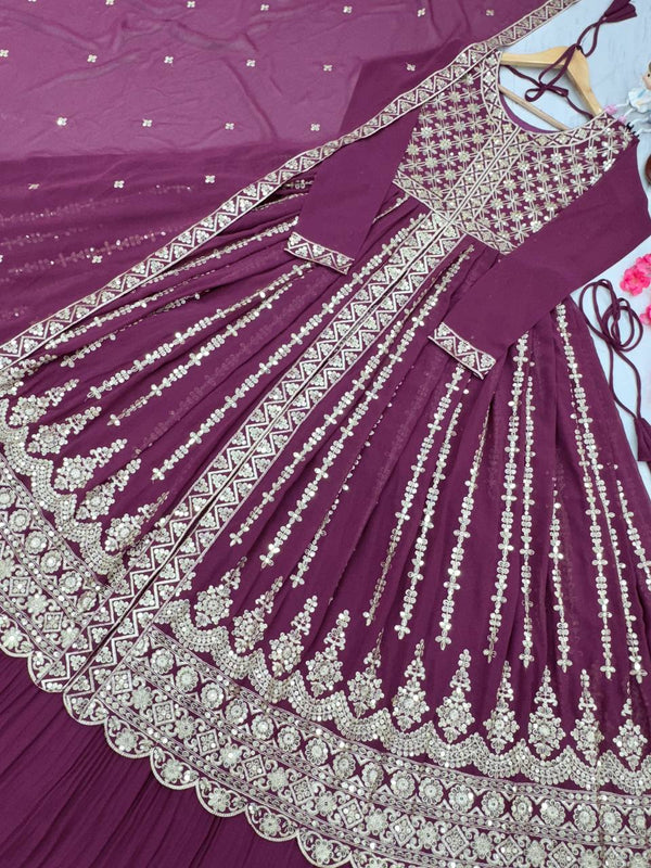 Purple Elegant Designer Party Wear Heavy Faux Georgette Lehenga, Top & Dupatta Set Clothsvilla