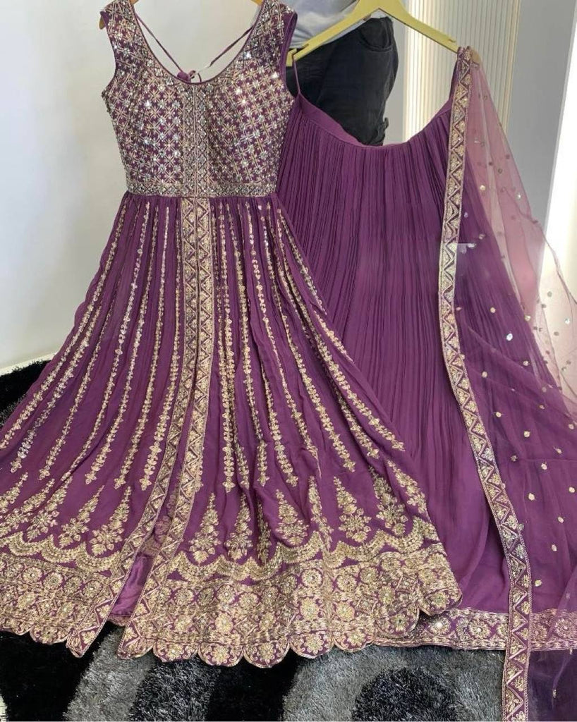 Purple Elegant Designer Party Wear Heavy Faux Georgette Lehenga, Top & Dupatta Set Clothsvilla