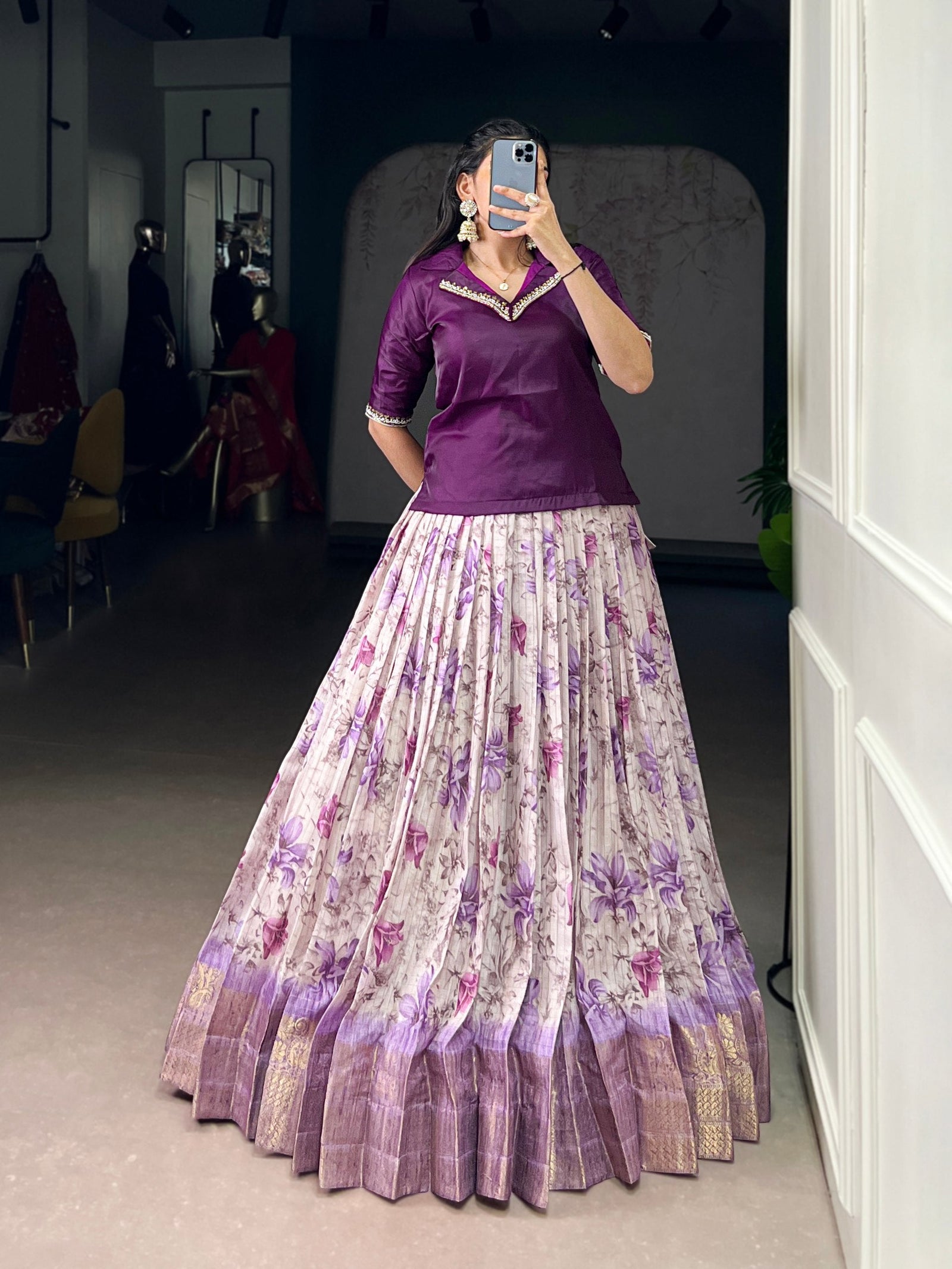 Purple Elegant Dola Chex Floral Printed Lehenga with Zari Weaving and Sequined Banglory Blouse – Stitched Set ClothsVilla