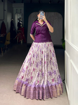 Purple Elegant Dola Chex Floral Printed Lehenga with Zari Weaving and Sequined Banglory Blouse – Stitched Set ClothsVilla