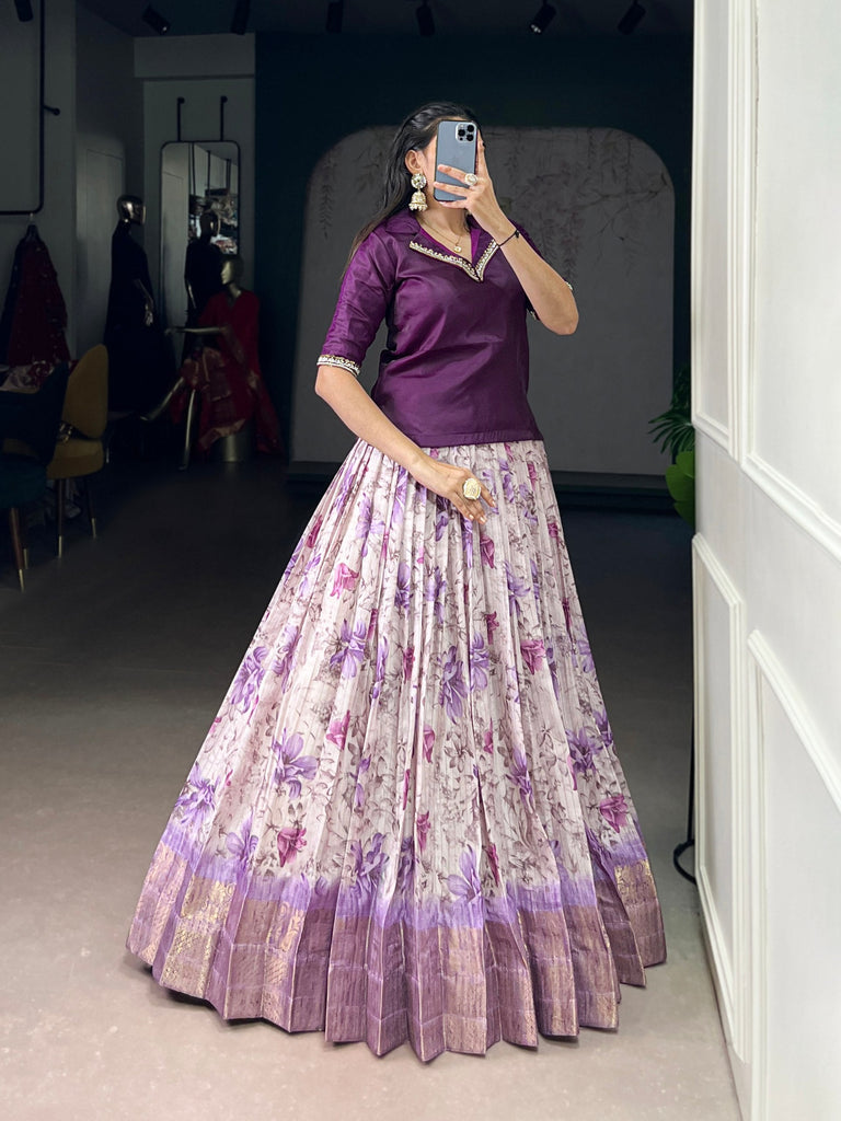 Purple Elegant Dola Chex Floral Printed Lehenga with Zari Weaving and Sequined Banglory Blouse – Stitched Set ClothsVilla