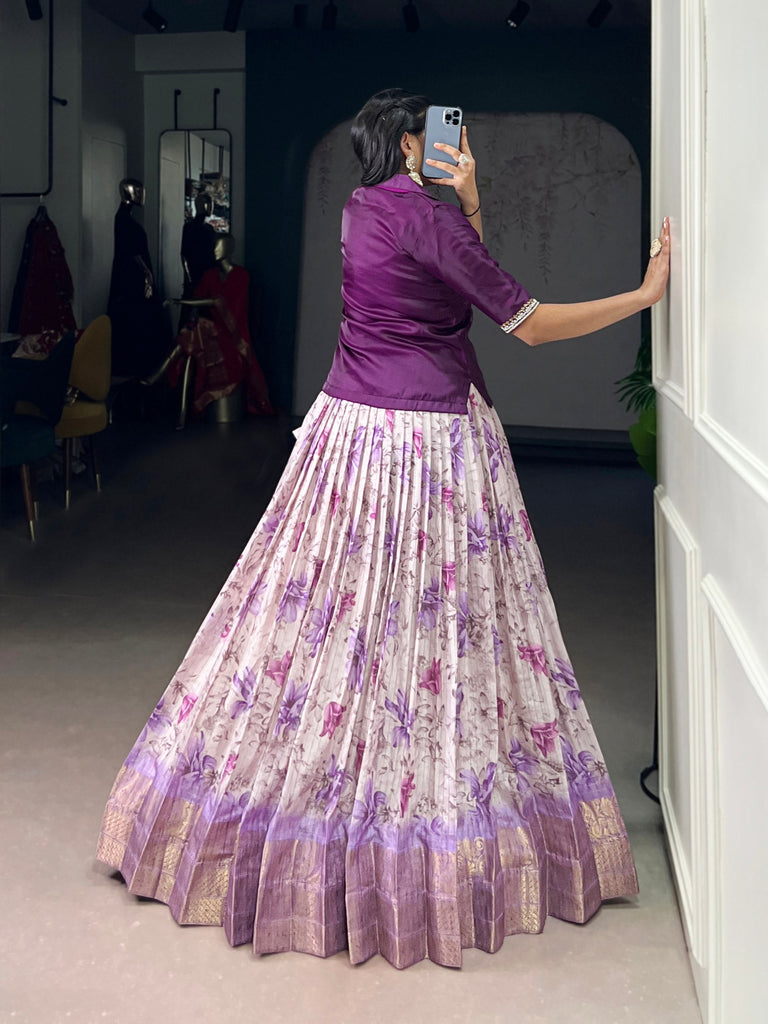 Purple Elegant Dola Chex Floral Printed Lehenga with Zari Weaving and Sequined Banglory Blouse – Stitched Set ClothsVilla