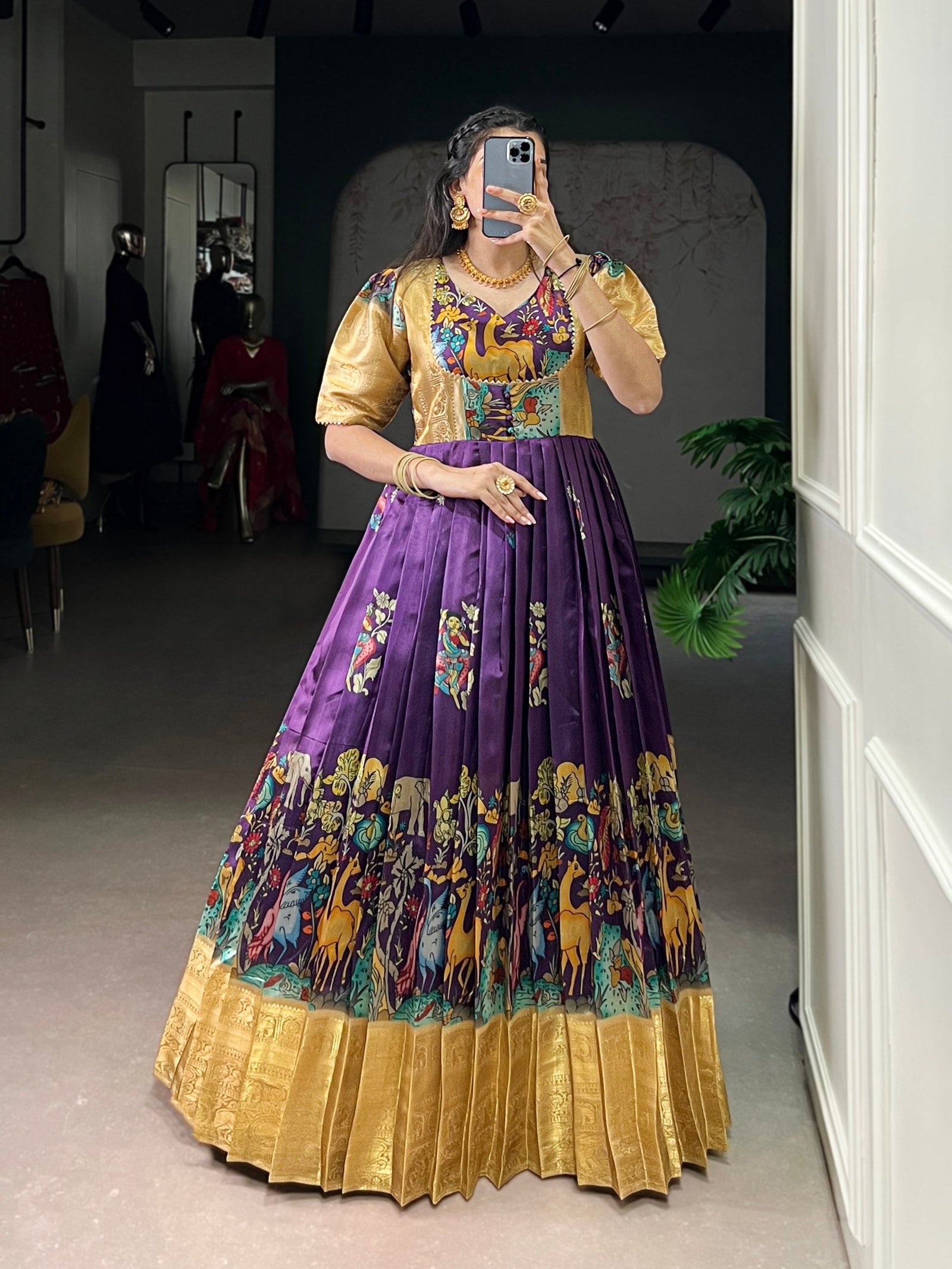 Purple Elegant Dola Silk Pichwai Print Weaving Work Gown – Designer 4-Meter Flair Stitched Gown with Micro Crepe Lining ClothsVilla