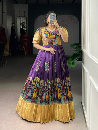 Purple Elegant Dola Silk Pichwai Print Weaving Work Gown – Designer 4-Meter Flair Stitched Gown with Micro Crepe Lining ClothsVilla