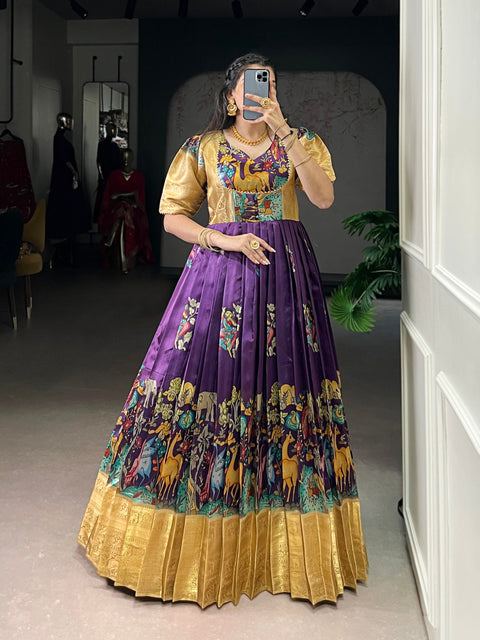 Purple Elegant Dola Silk Pichwai Print Weaving Work Gown – Designer 4-Meter Flair Stitched Gown with Micro Crepe Lining ClothsVilla Main image