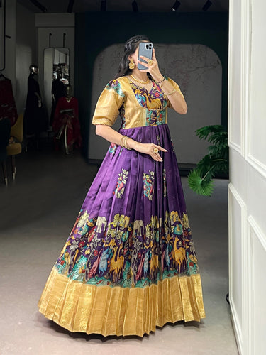 Purple Elegant Dola Silk Pichwai Print Weaving Work Gown – Designer 4-Meter Flair Stitched Gown with Micro Crepe Lining ClothsVilla