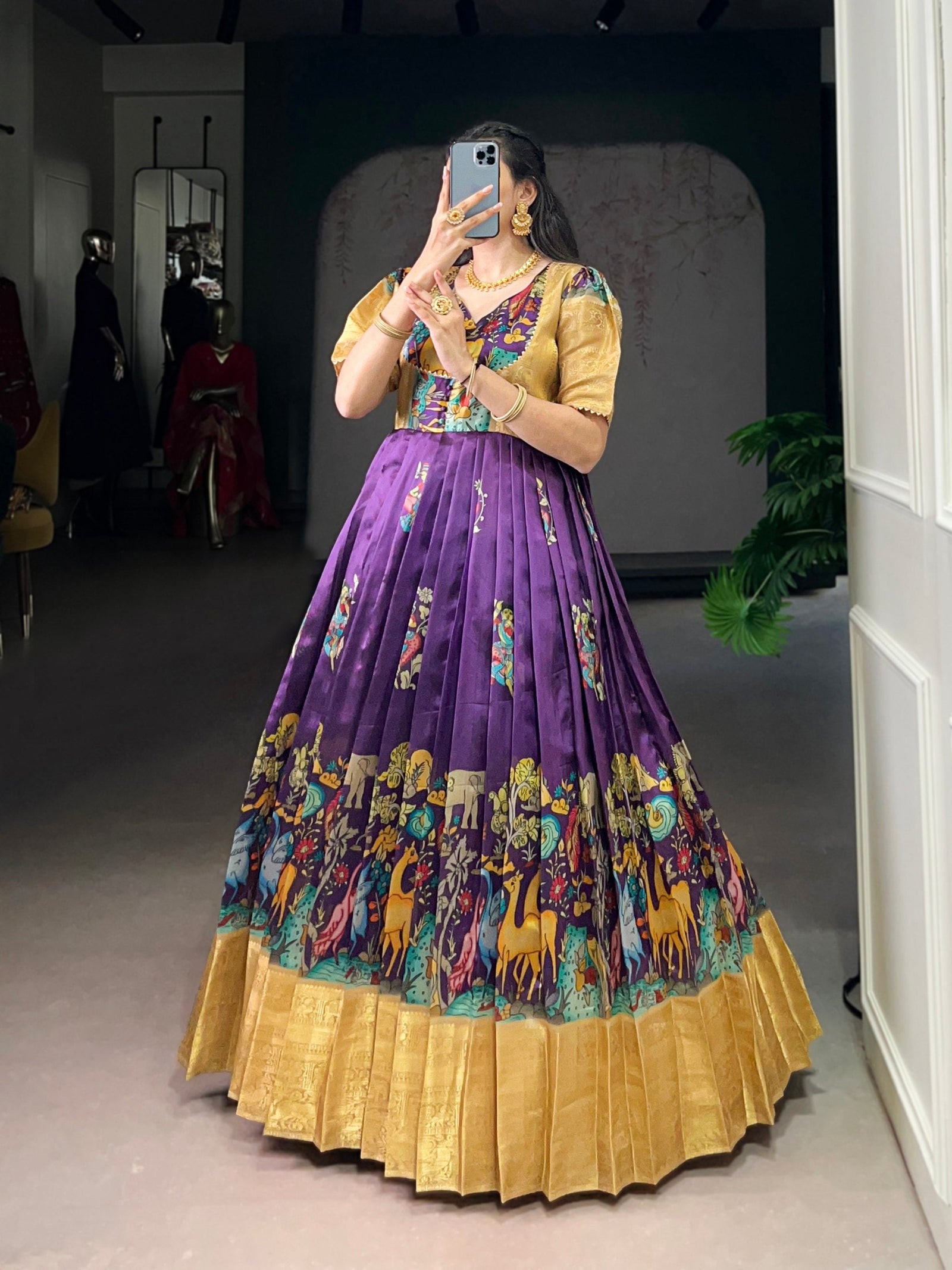 Purple Elegant Dola Silk Pichwai Print Weaving Work Gown – Designer 4-Meter Flair Stitched Gown with Micro Crepe Lining ClothsVilla