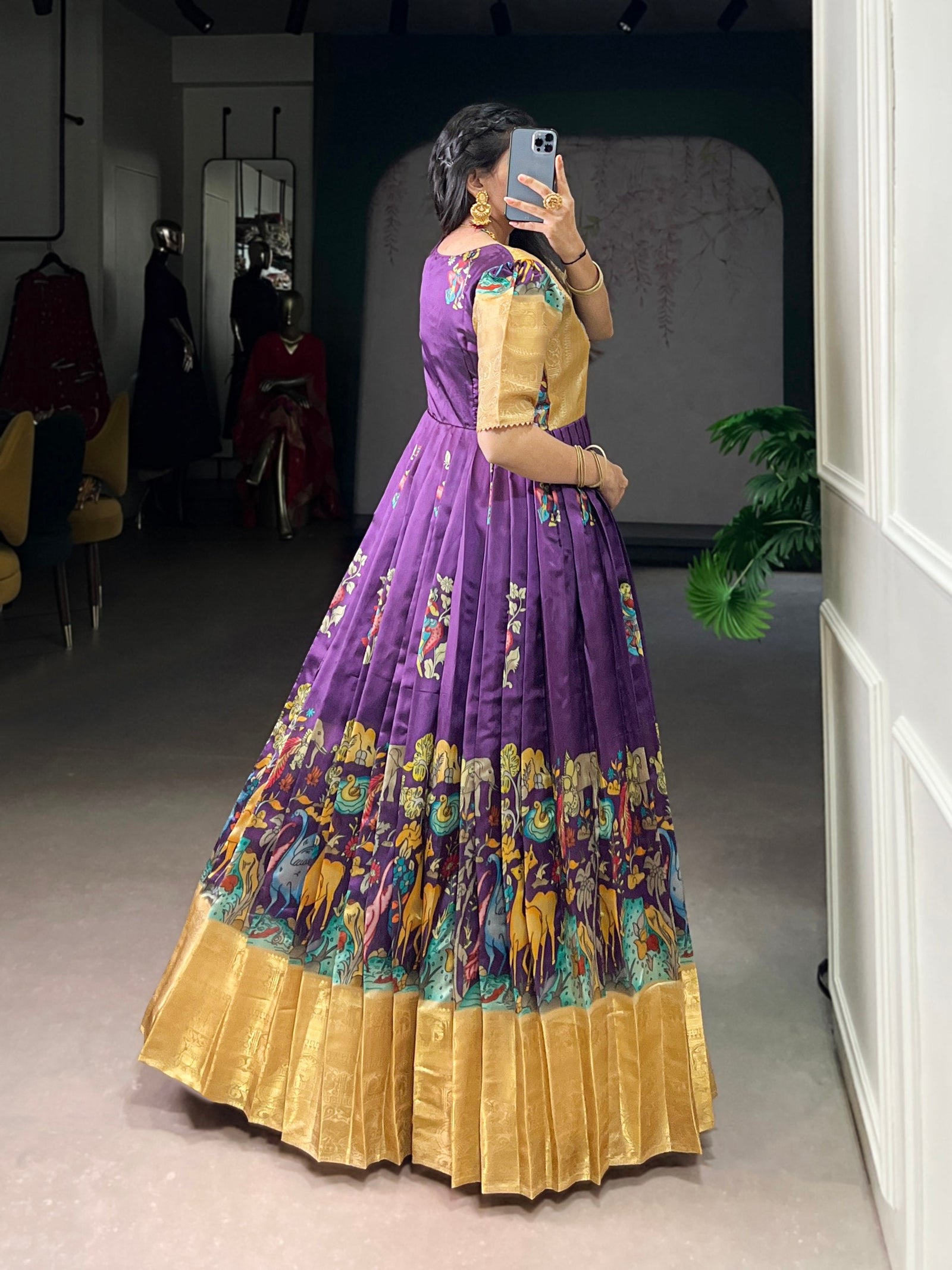 Purple Elegant Dola Silk Pichwai Print Weaving Work Gown – Designer 4-Meter Flair Stitched Gown with Micro Crepe Lining ClothsVilla